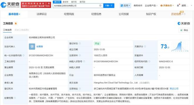 螞蟻集團布局科技零售，杭州云帆科技注冊資本千萬起航